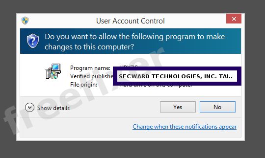 Screenshot where SECWARD TECHNOLOGIES, INC. TAIWAN BRANCH ,U.S.A appears as the verified publisher in the UAC dialog